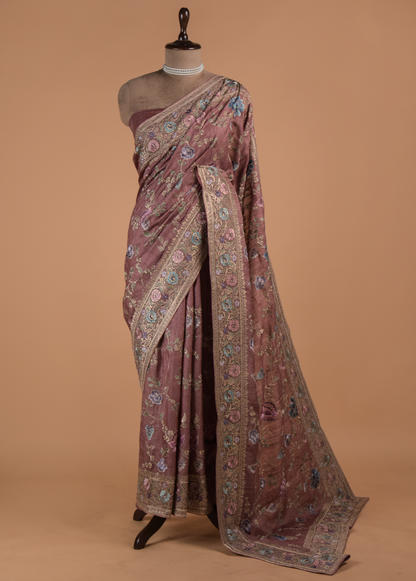 Peach Organza Embroidered Saree