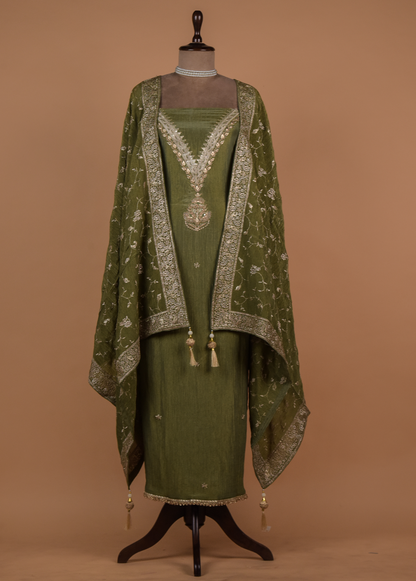 Green Mushroo Silk Dress Material