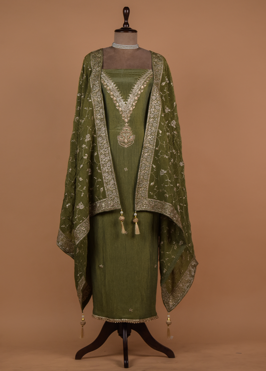 Green Mushroo Silk Dress Material