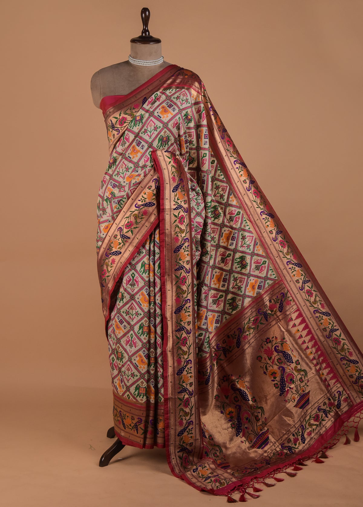 White Art Satin Patola Saree