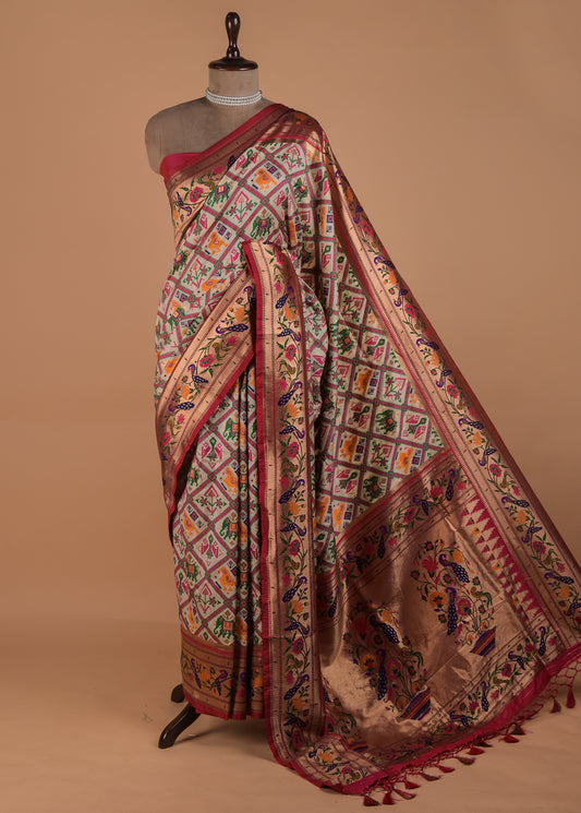 White Art Satin Patola Saree