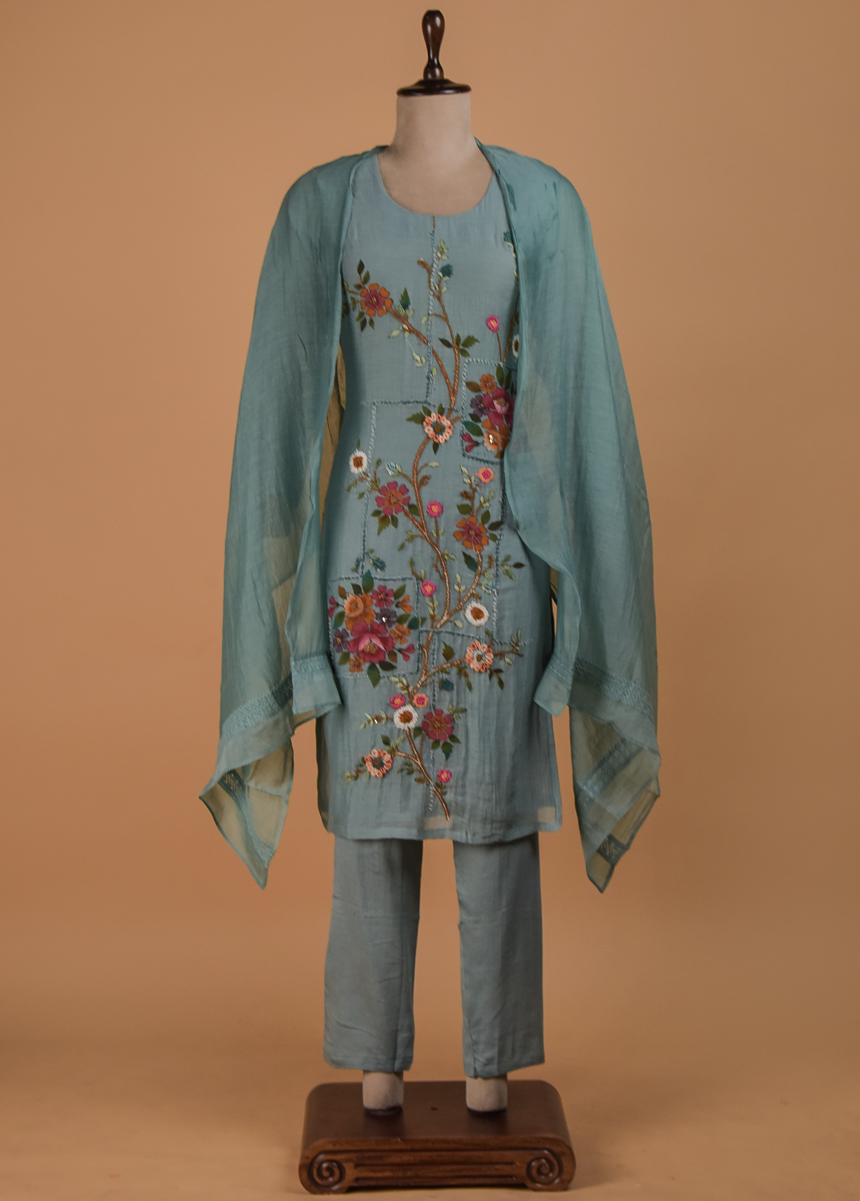 Blue Cotton Crepe Straight Set