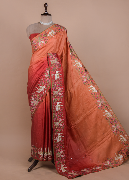 Orange Tussar Embroidered Saree