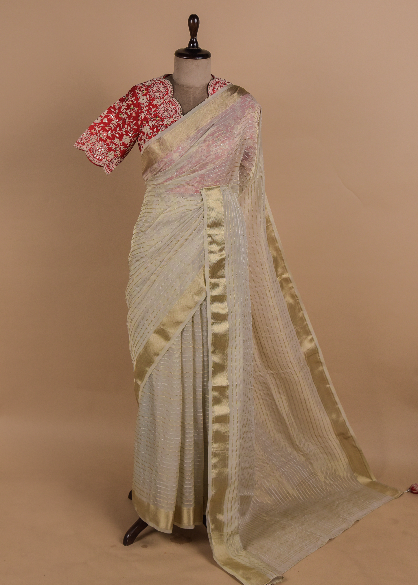 Cream Tissue Georgette Embroidered Saree