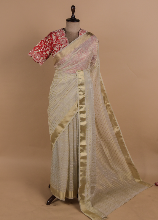 Cream Tissue Georgette Embroidered Saree
