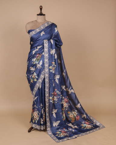 Blue Tussar Embroidered Saree