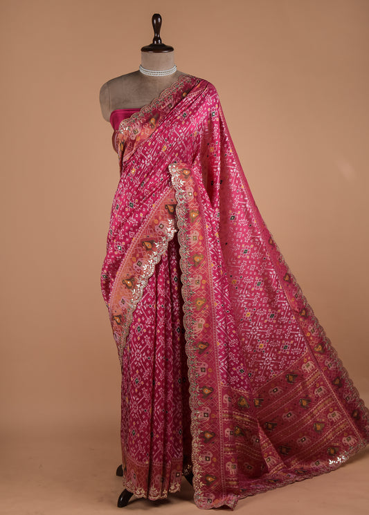 Pink Moroccan Silk Embroidered Saree