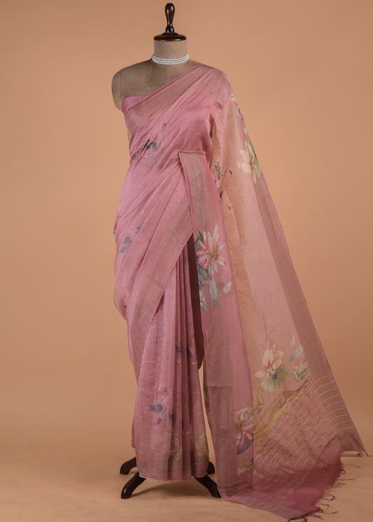 Pink Linen Embroidered Saree