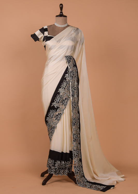 White Crepe Embroidered Saree