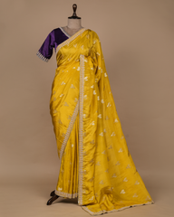 Yellow Silk Crepe Embroidered Saree