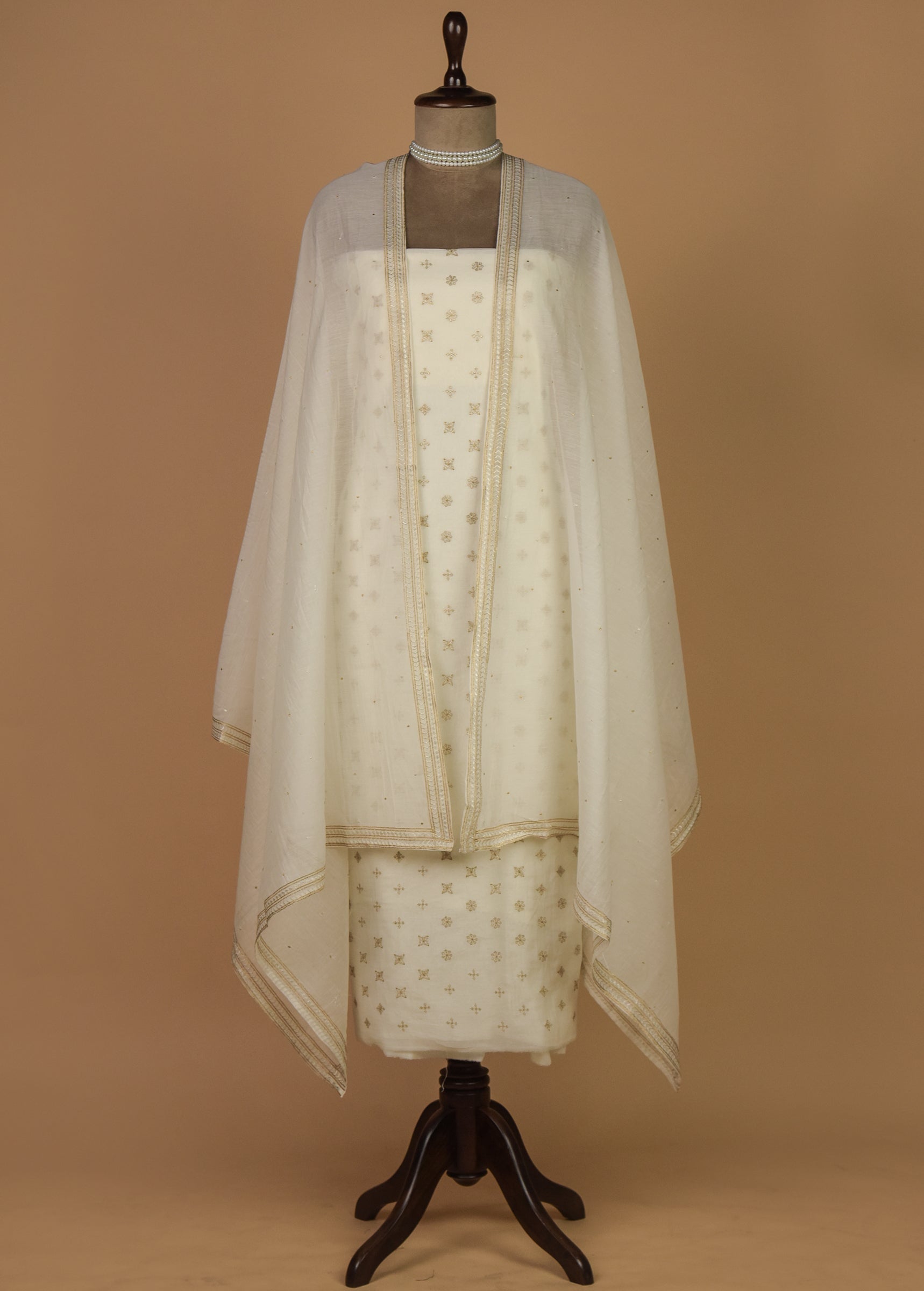 White Mul Chanderi Dress Material