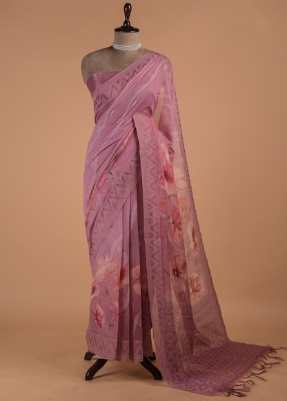 Pink Cotton Printed Saree