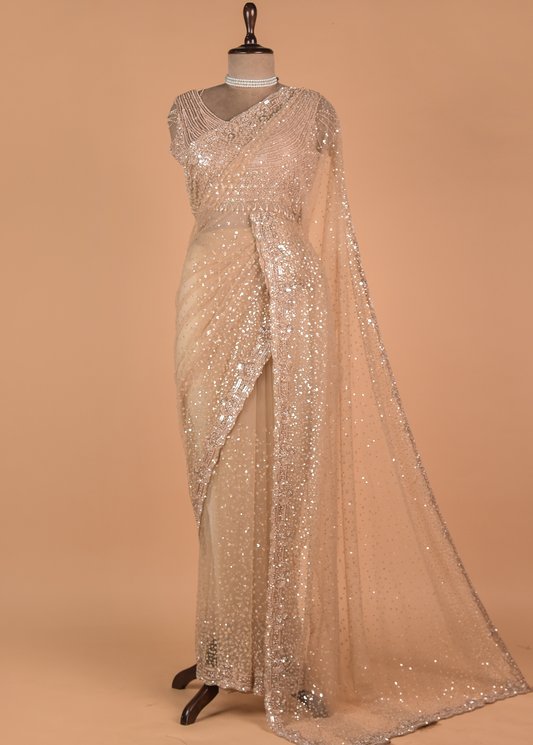 Gold Net Embroidered Saree
