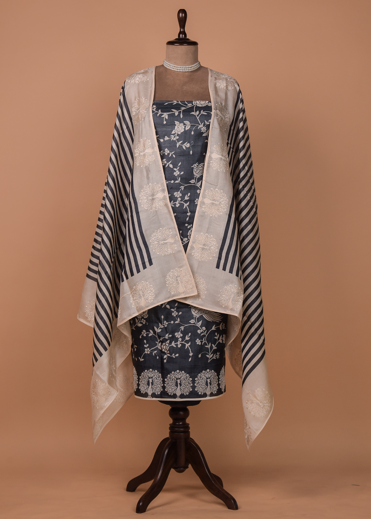 Blue Tussar Silk Dress Material