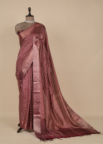 Red Tussar Printed Saree