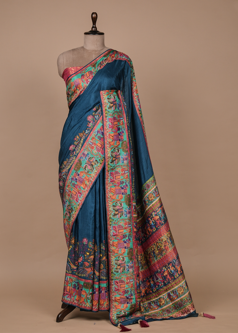 Blue Crepe Silk Embroidered Saree