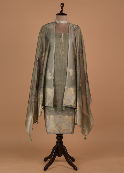 Green Chanderi Cotton Dress Material