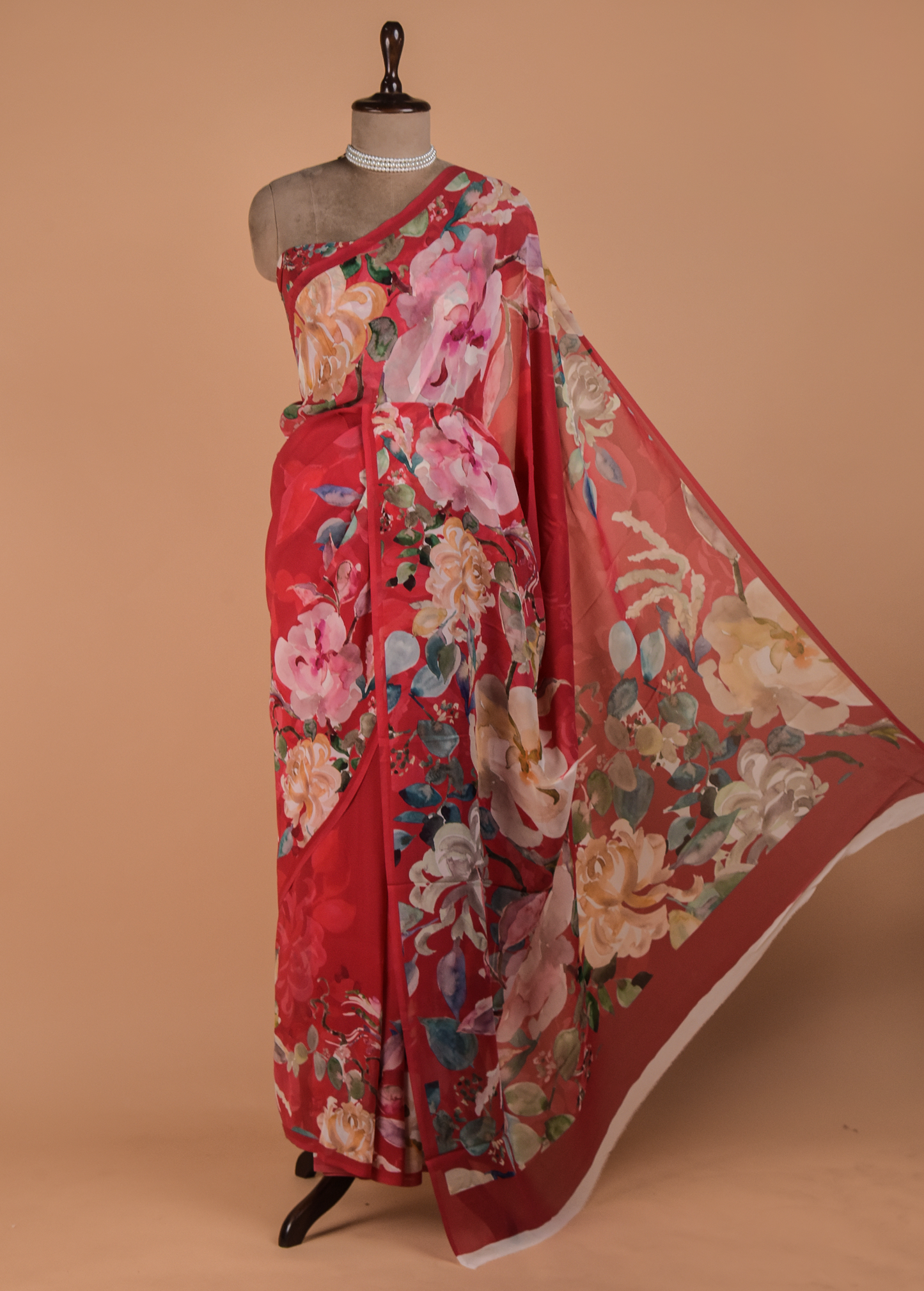 Red Crepe Printed Saree