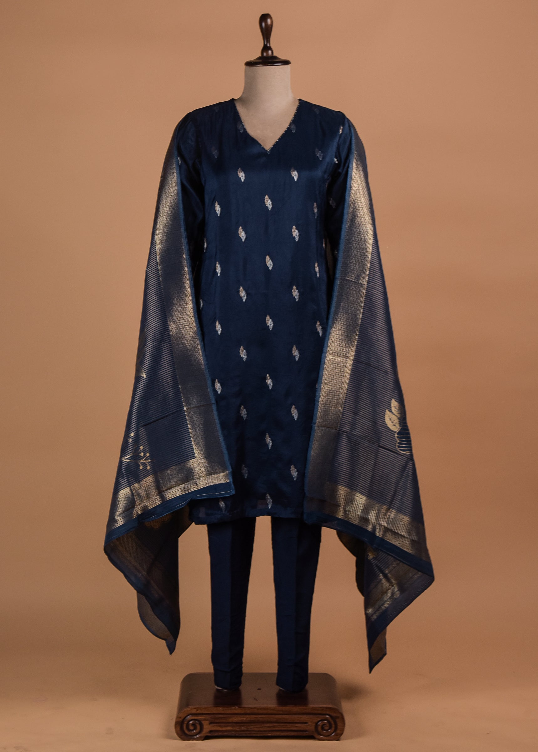 Blue Cotton Silk Straight Set