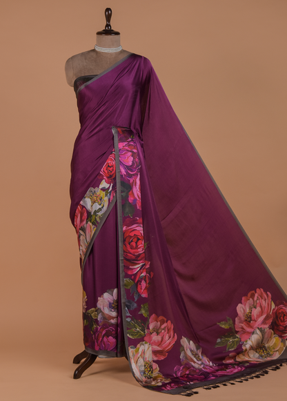 Purple Satin Printed Saree