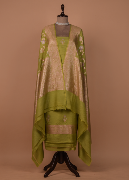 Green Munga Tussar Silk Dress Material