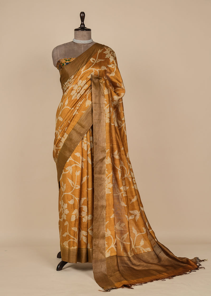 Yellow Tussar Printed Saree