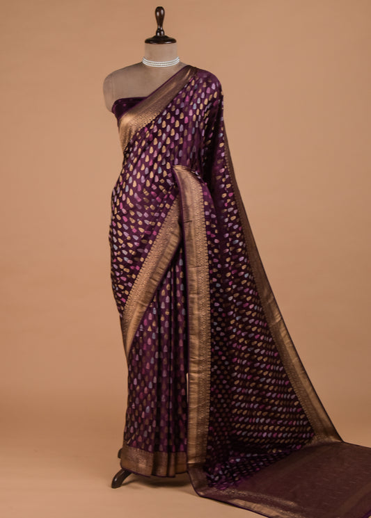 Wine Crepe Silk Banarasi Saree