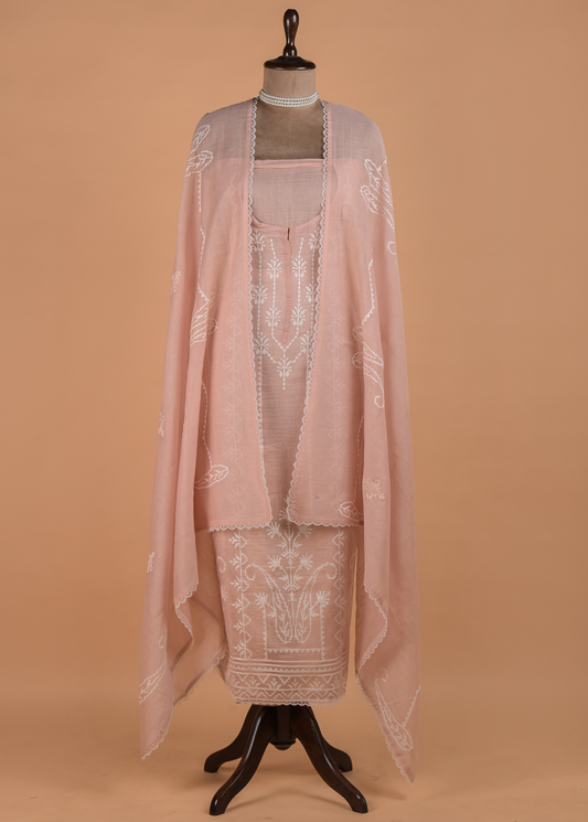 Peach Muslin Chanderi Dress Material