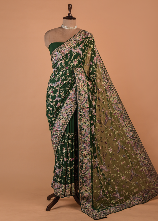 Green Georgette Embroidered Saree