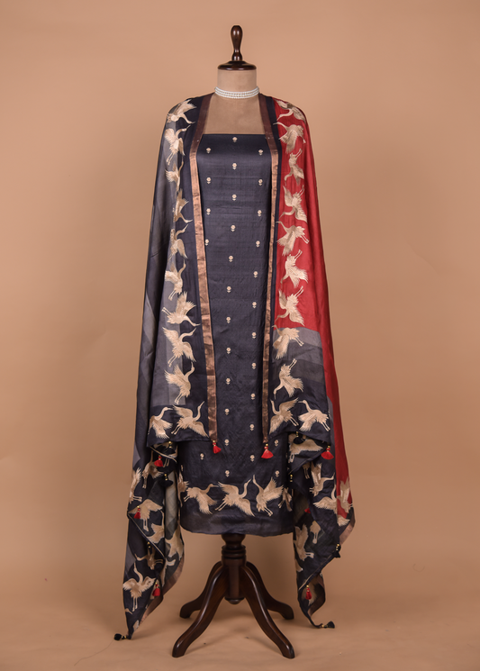 Grey Tussar Silk Dress Material