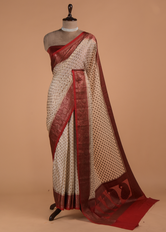 Cream Art Crepe Banarasi Saree