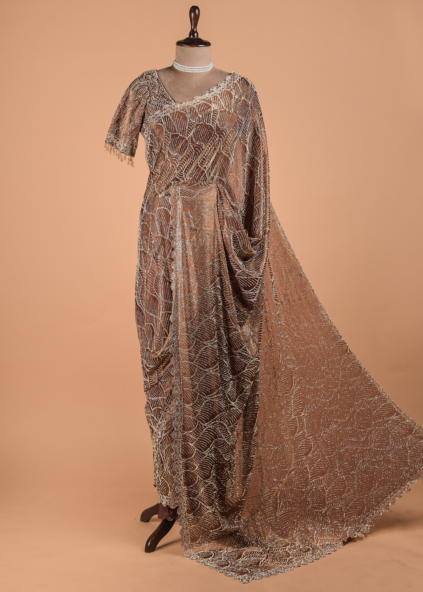 Metallic Bronze Shimmer Georgette Embroidered Saree