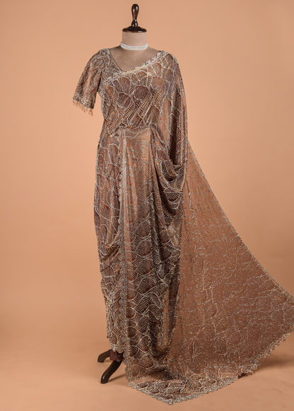 Metallic Bronze Shimmer Georgette Embroidered Saree