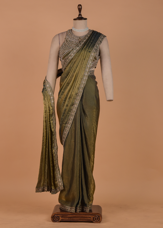 Green Tissue Georgette Readymade Saree