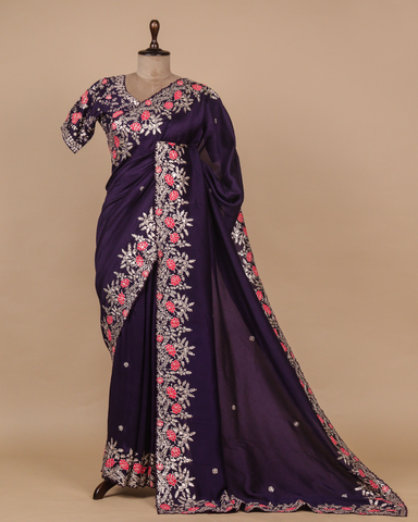 Purple Georgette Crepe Embroidered Saree