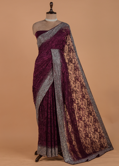 Wine Chantily Lace Embroidered Saree