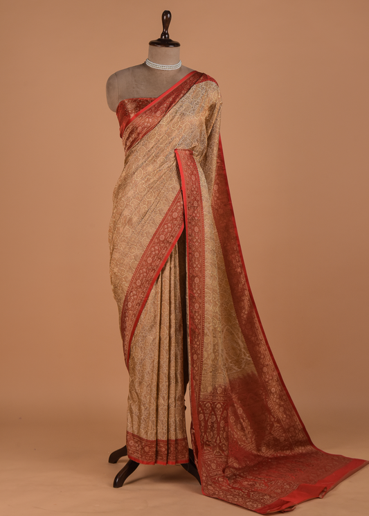 Cream Art Silk Banarasi Saree