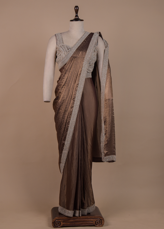 Brown Tissue Georgette Readymade Saree