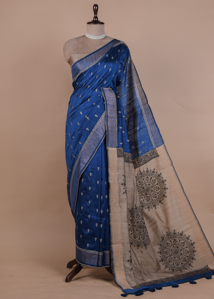 Blue Handloom Tussar Embroidered Saree