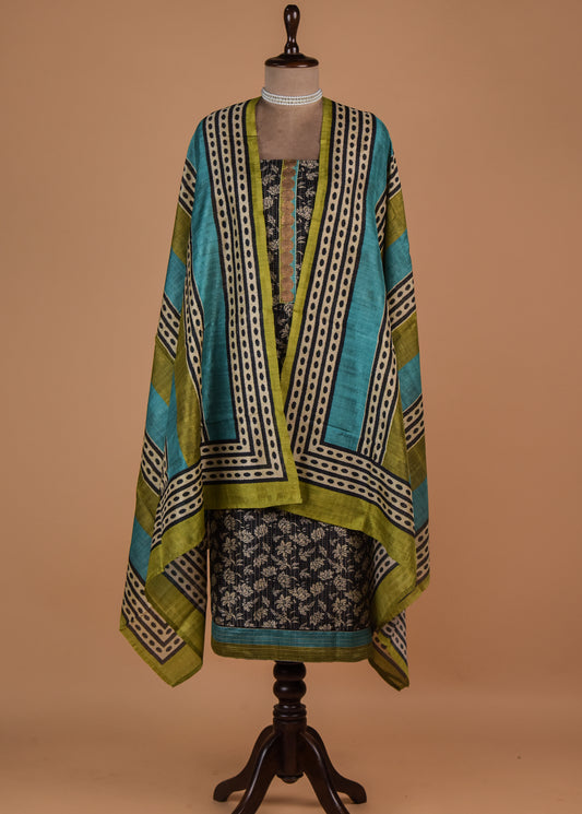 Black Tussar Cotton Dress Material