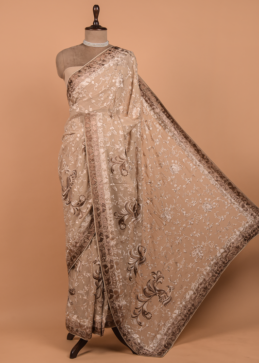 Beige Georgette Embroidered Saree