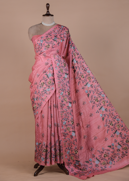 Pink Tussar Embroidered Saree