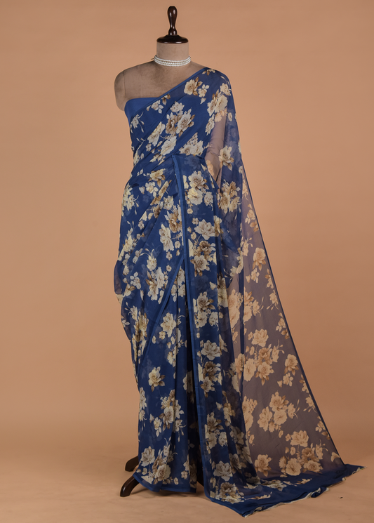 Blue Chiffon Printed Saree
