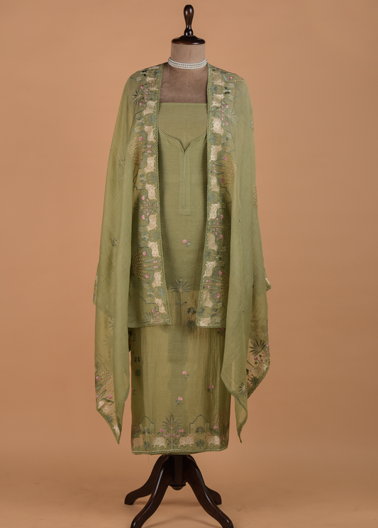 Green Muslin Chanderi Dress Material