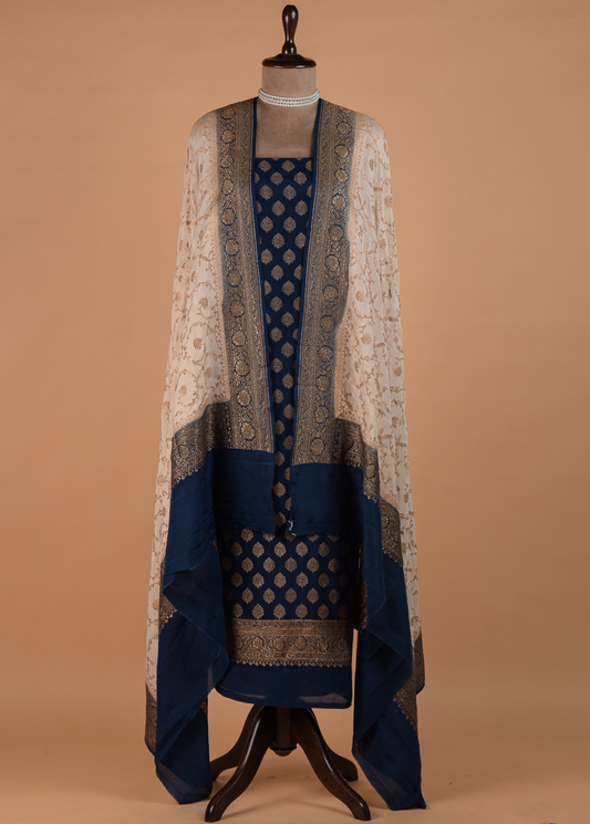 Blue Crepe Silk Dress Material | Greenways Delhi