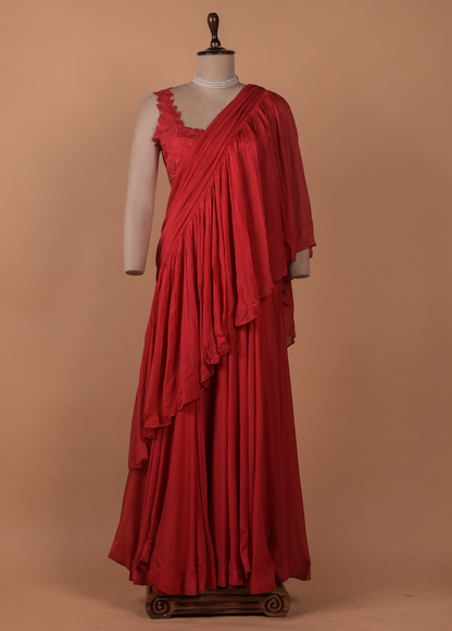 Red Crepe Satin Readymade Saree