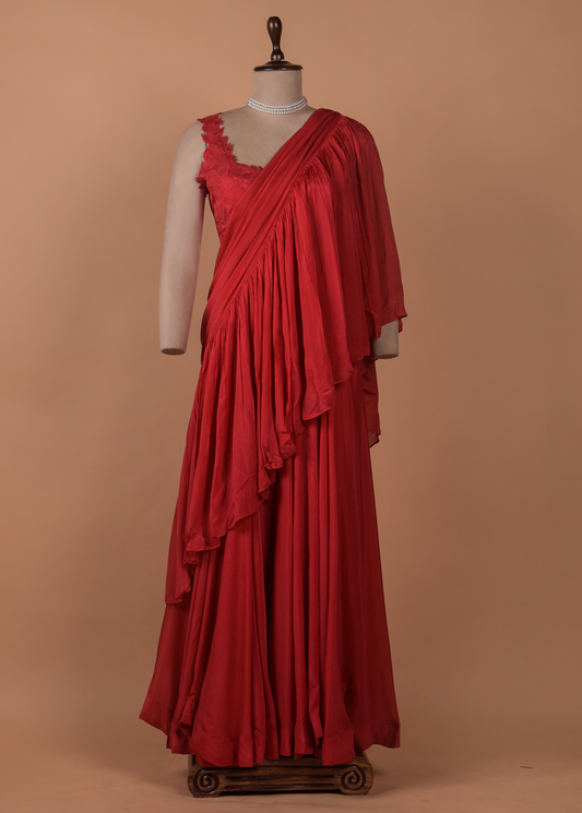 Red Crepe Satin Readymade Saree
