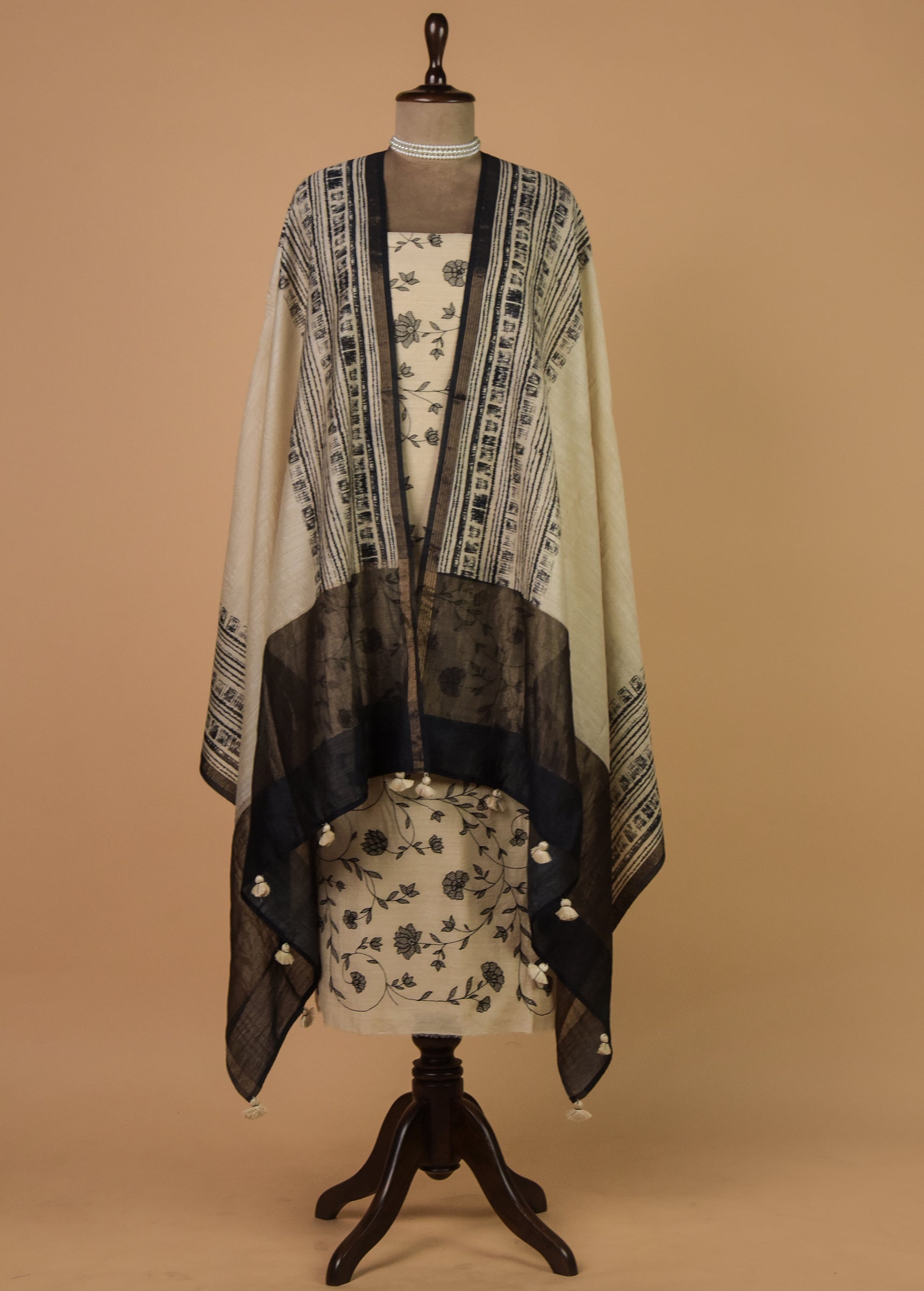 Cream Munga Tussar Dress Material