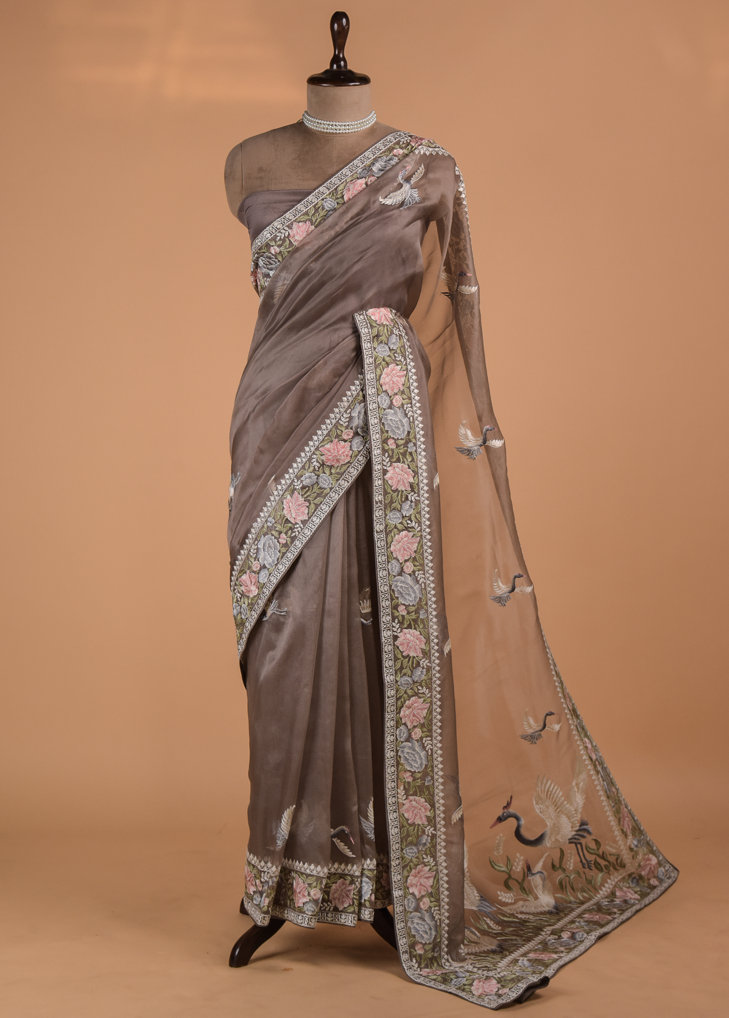 Brown Organza Embroidered Saree