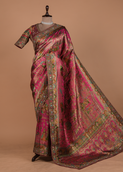 Pink Moroccan Silk Embroidered Saree